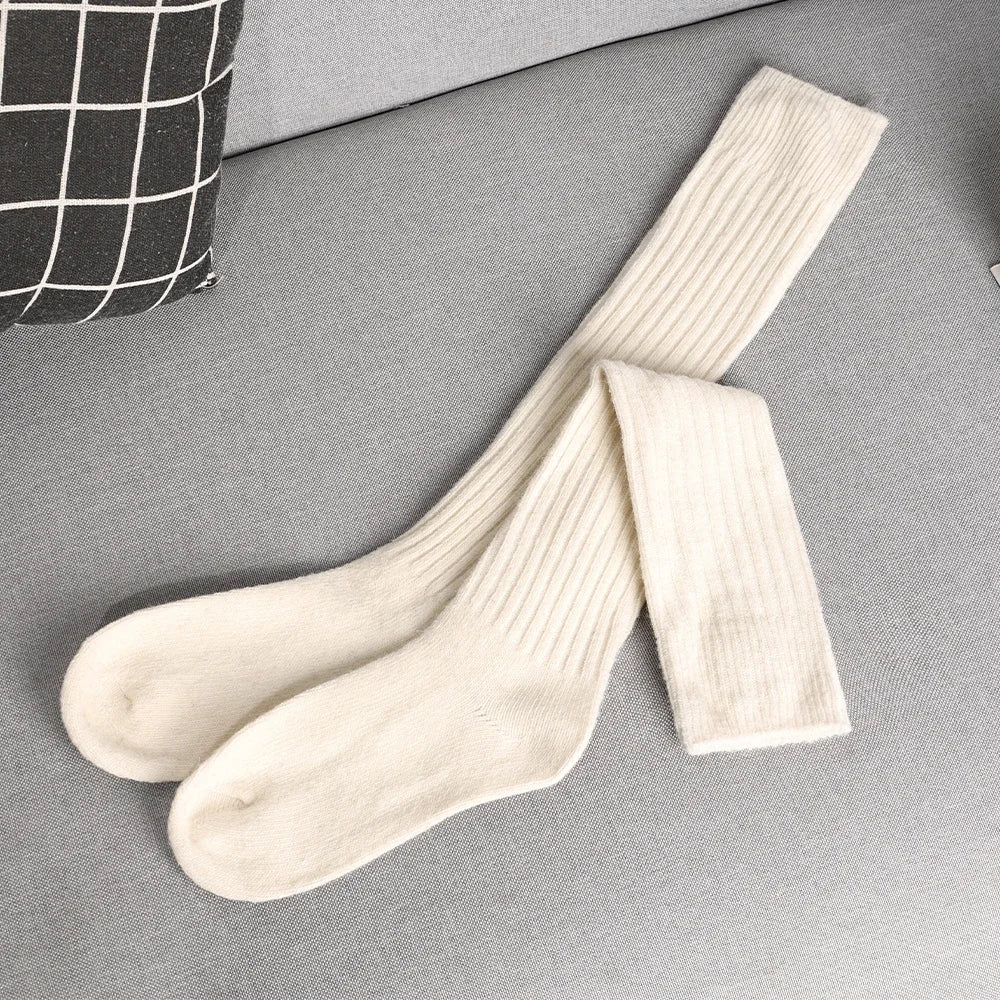 Women Long Socks Cashmere Women Boot Solid Wool Thigh Stocking Skinny Casual Cotton over Knee-High Fluffy Female Long Knee Sock