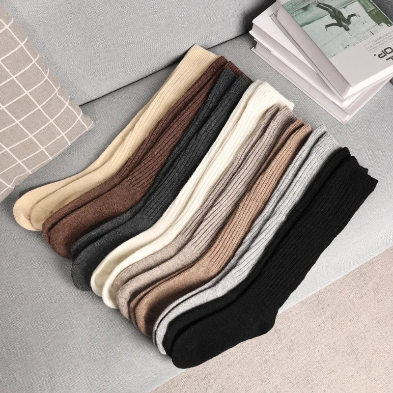 Women Long Socks Cashmere Women Boot Solid Wool Thigh Stocking Skinny Casual Cotton over Knee-High Fluffy Female Long Knee Sock